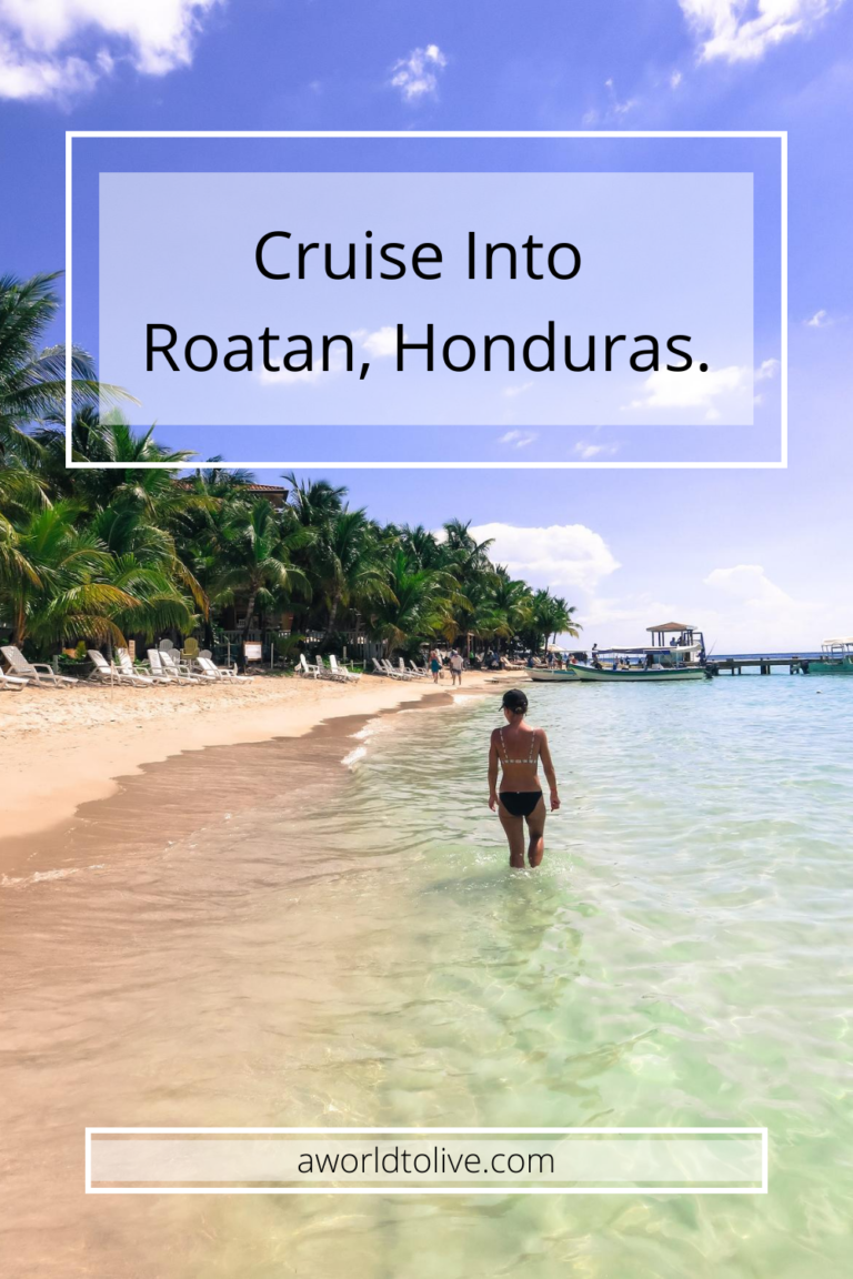 Elyse walking knee deep in the ocean on Roatan Island. The water is very clear and it’s a sunny day. The beach is lined with palm trees. Text over image saying Cruise into Roatan, Honduras.