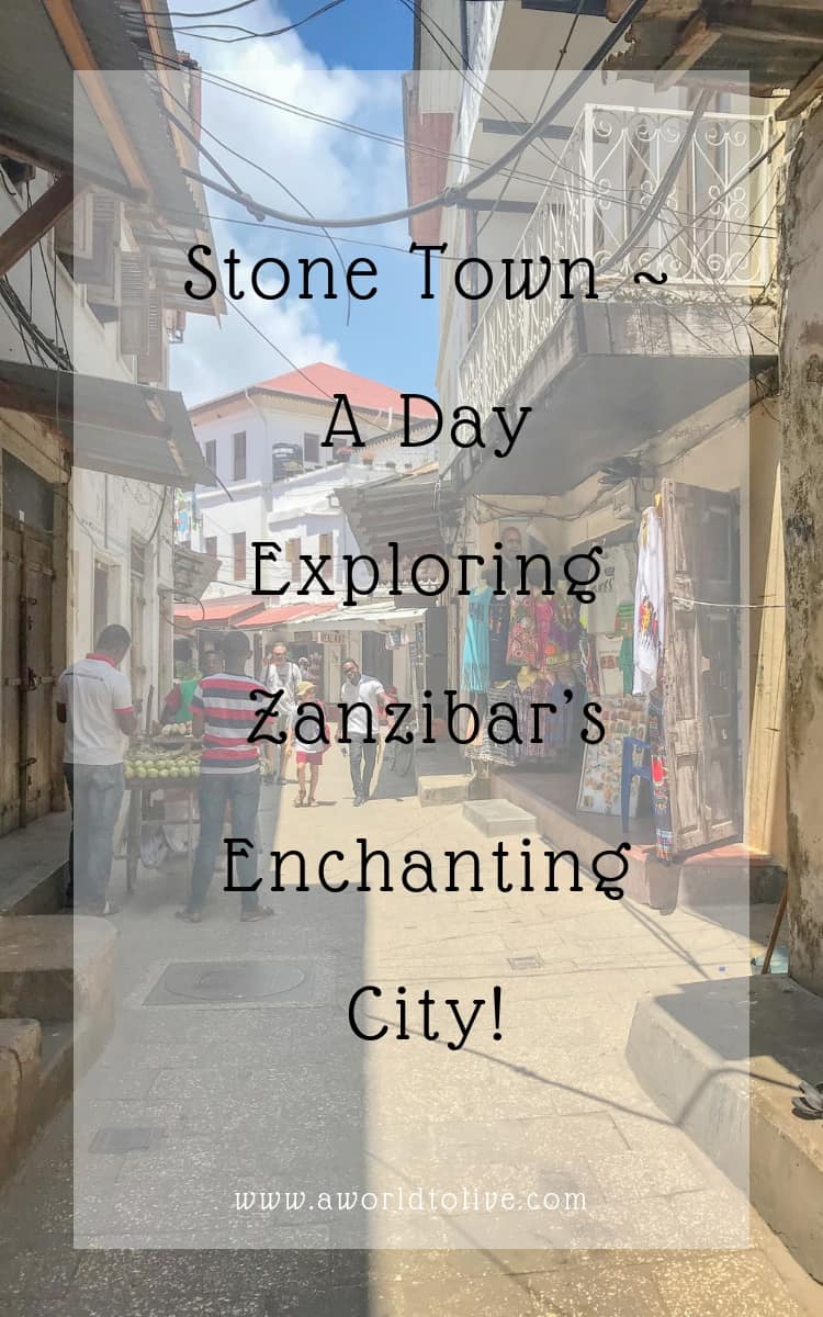Taken down a narrow street with local store on each side of the road, selling fruit and clothing. Text is over the photo saying; Stone Town A Day Exploring Zanzibar’s Enchanting City!