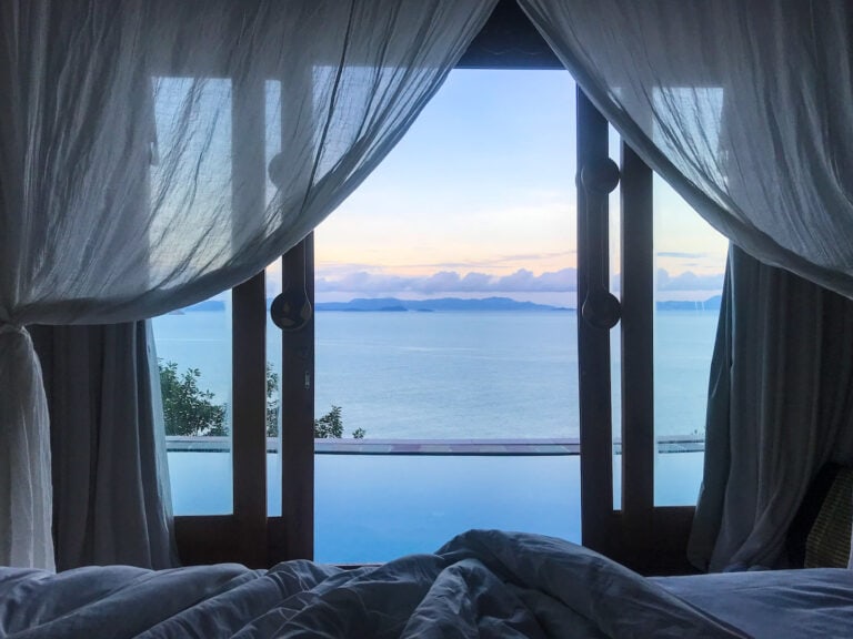 View from the master bedroom at Santhiya Koh Yao Yai Resort and Spa. The room leads straight to the pool and looks out over the ocean in Thailand