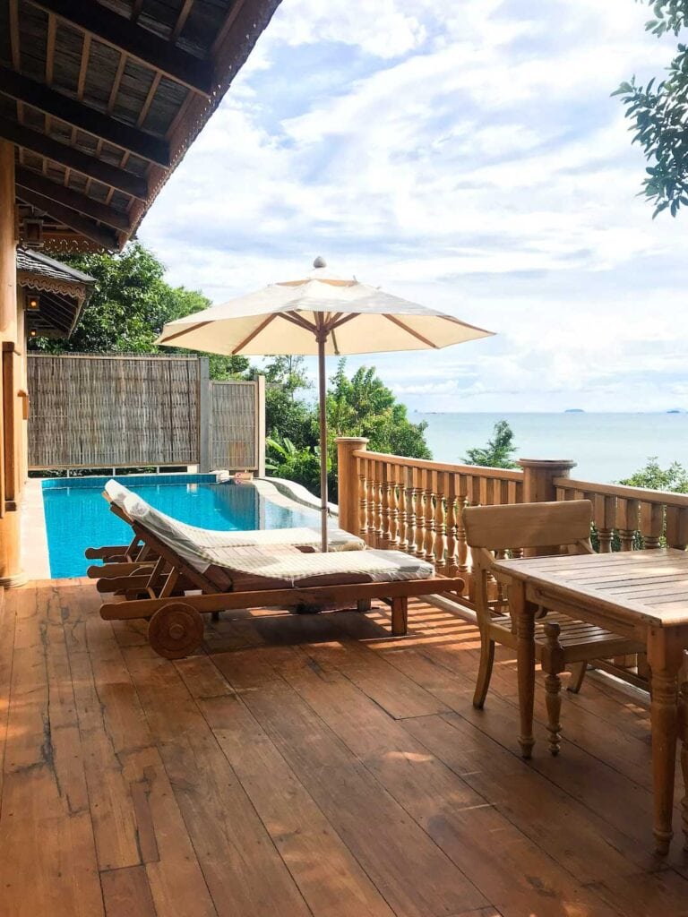 The back of our villa at Santhiya Koh Yao Yai, outdoor pool overlooking the ocean