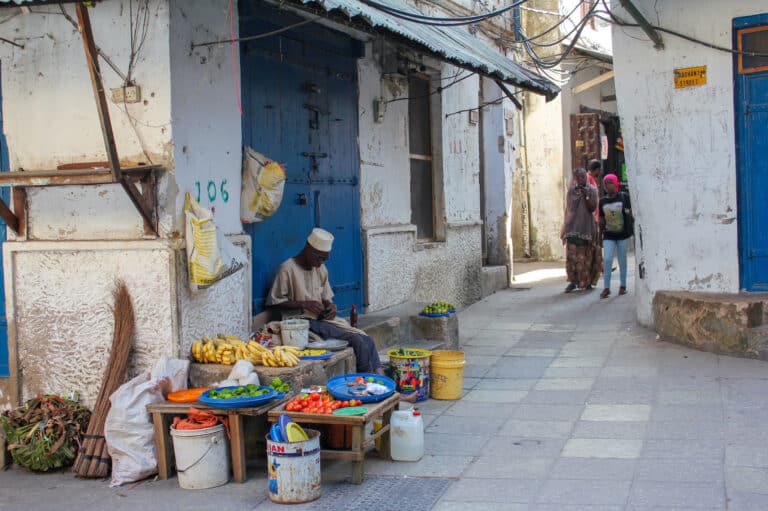 Small market in Stone Town a man is set up next to a blue door and on his table he is selling fruit and vegetables