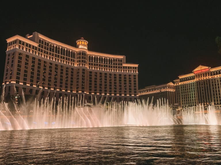 Taken from ground level with the grand Bellagio hotel behind a fountain display, during a night show
