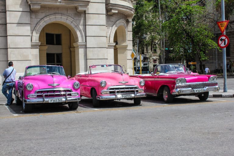 Three, hot pink, old fashioned cars are parked on the side of the road. Used to travel in Cuba