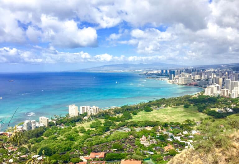 View from Diamond Head lookout. looking out to the blue ocean, along the shoreline there are tall buildings and a lot of greenery