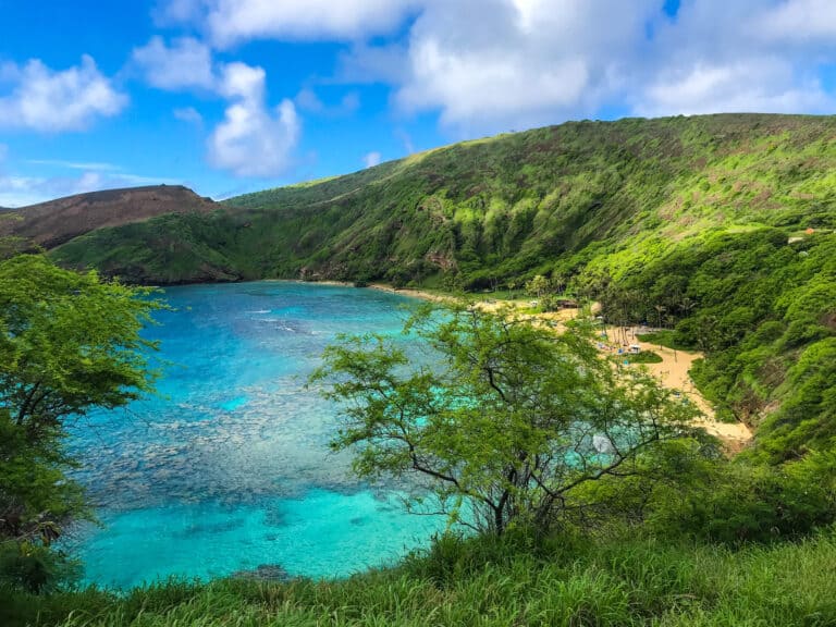walking down to Hanauma Bay in Oahu, Hawaii. the bay is surrounded by green hills and the ocean is so clear the reef can be seen.