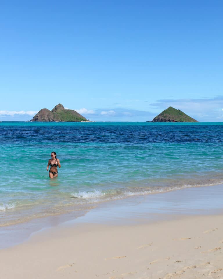 the beach on a sunny day. Two little islands can be seen out in the sea. and elyse is walking in after a swim