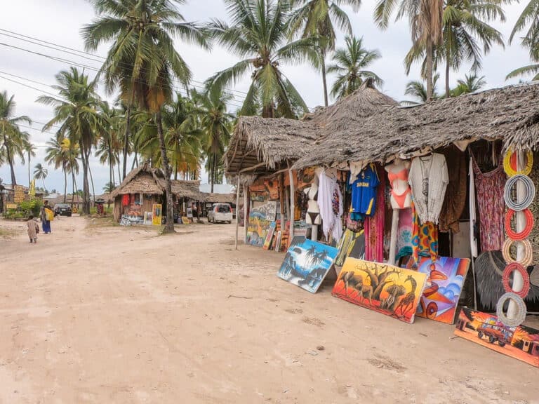 local village shops in Zanzibar. Many palm trees in the area and outside the store are painting and local clothing