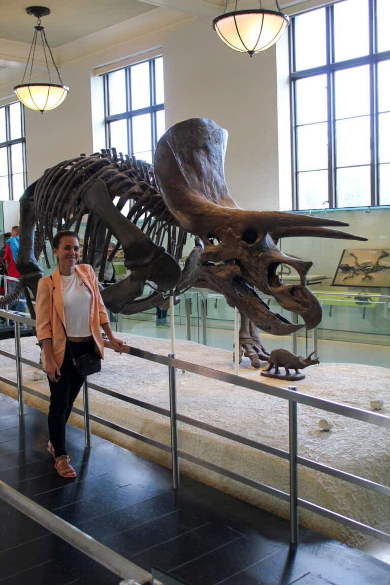 Elyse standing next to the bones of a dinosaur at the American history museum, one of the experiences in New York City