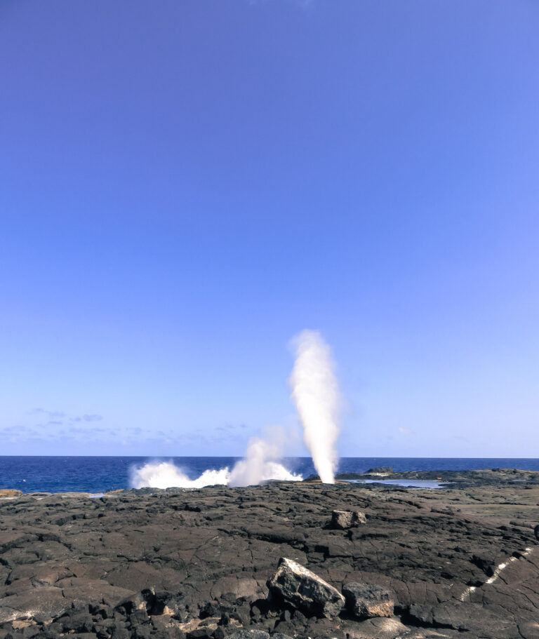 On the edge of the ocean is a tall spurt of water shooting into the air. Gaps in the lava rock have created blow holes.