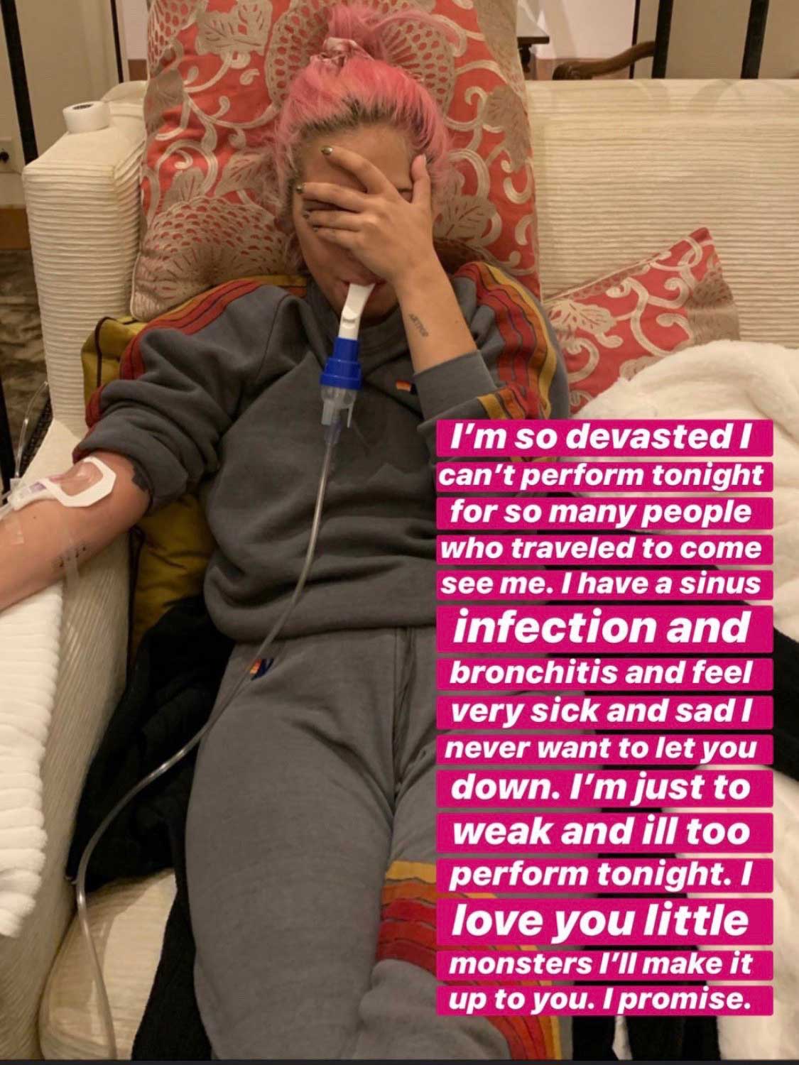 From Lady Gaga's Instagram, she is sitting on a chair with her hand over her face, hooked up to a drip. Text is written on image. Used to tell a story in my year recap