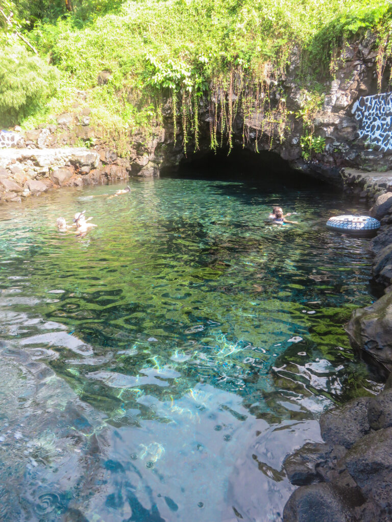 A large swimming hole surrounded by a rock wall. The water is very clear and the back of the pool leads into a dark cave.