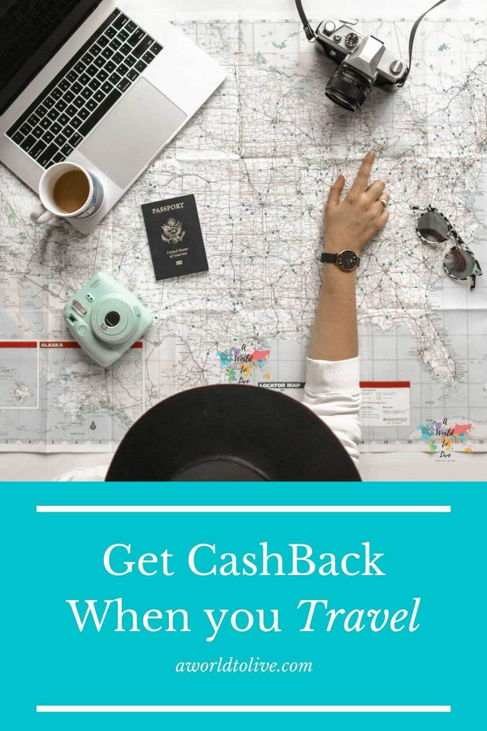 Flat lay of travel products. This article explains how to get cash back when you travel and shop online