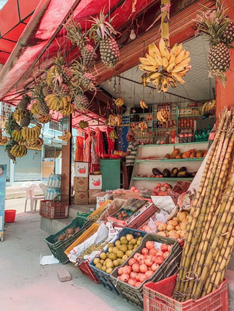 A local fruit store in Nepal. The front of the store is lined with boxes of colorful fruits and hanging above is pineapples and bananas.
