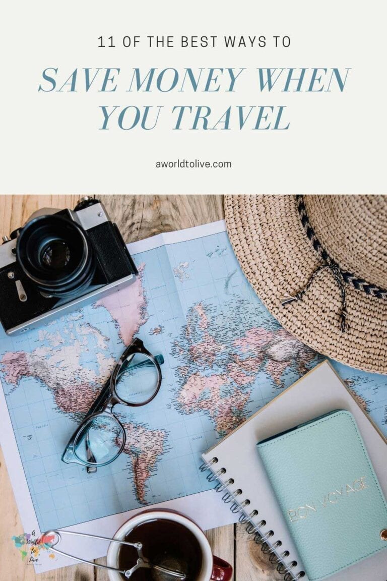 Flat lay of travel products. This article list the 11 ways aworldtolive recommends saving money when you travel