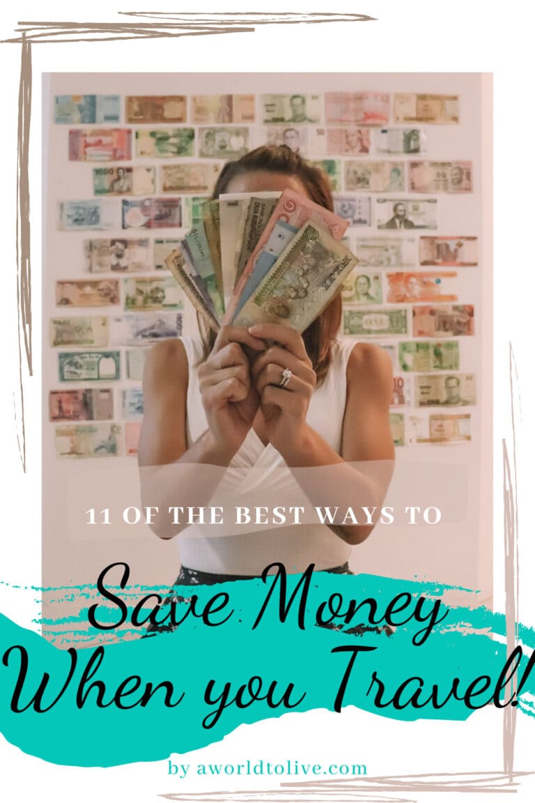 Elyse sitting on the ground holding a fanned out pile of foreign money. On the wall behind her, many different currencies are stuck to the wall. Over image is text saying 11 of the best ways to save money when you travel.
