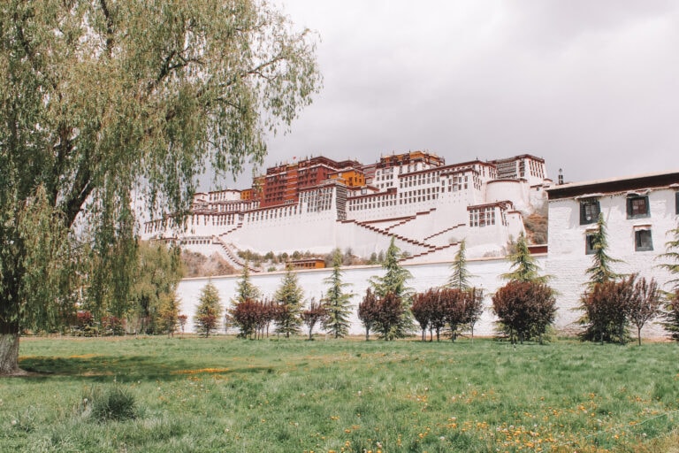 A field of grass, flowers and trees in front of the Potala Palace in Tibet, taken from the front view of the palace