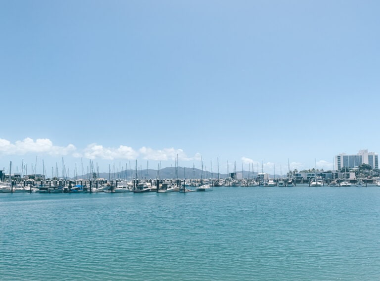 A view of the Townsville marina, in the distance there are many boat on the water and magnetic island can be seen in the distance.