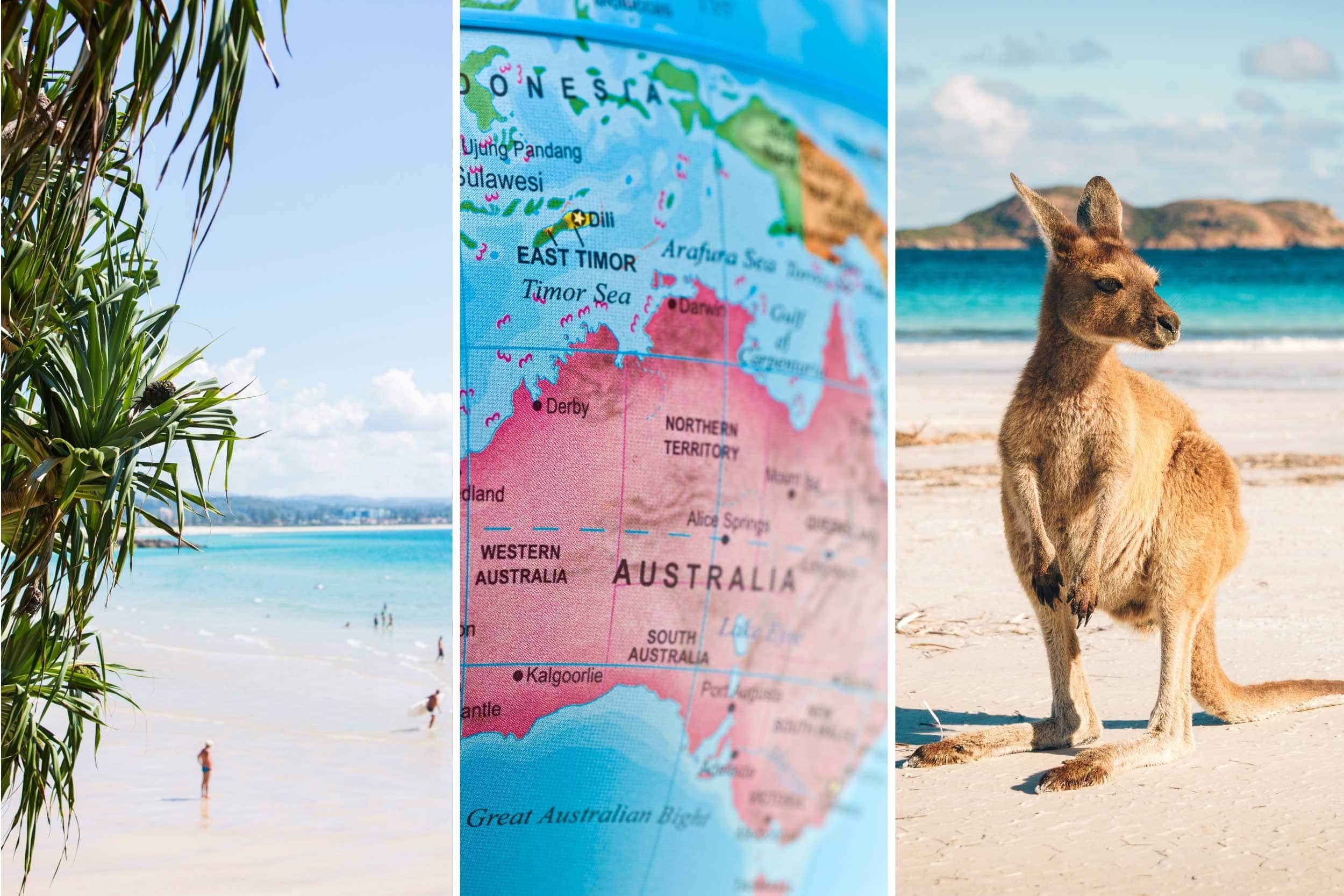 Three Australian images. Coolangatta beach on a sunny day. A map of Australia in bright colors. And then a small Kangaroo standing in the beach on a in Western Australia on a sunny day