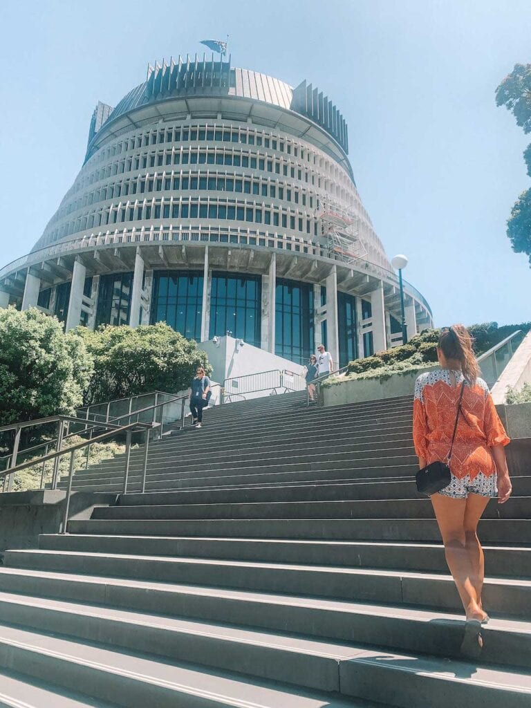 Image of New Zealand parliament buildings in Wellington. Beehive building in Wellington