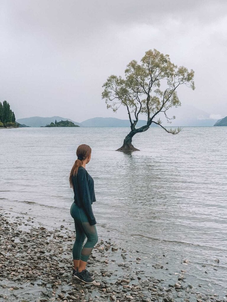 Elyse standing on the edge of Lake Wanaka, looking at that Wanaka Tree. A lone tree growing out of the lake.