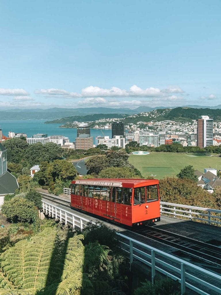 Wellingtons red cable car coming into the station. The peak has a beautiful view of the city