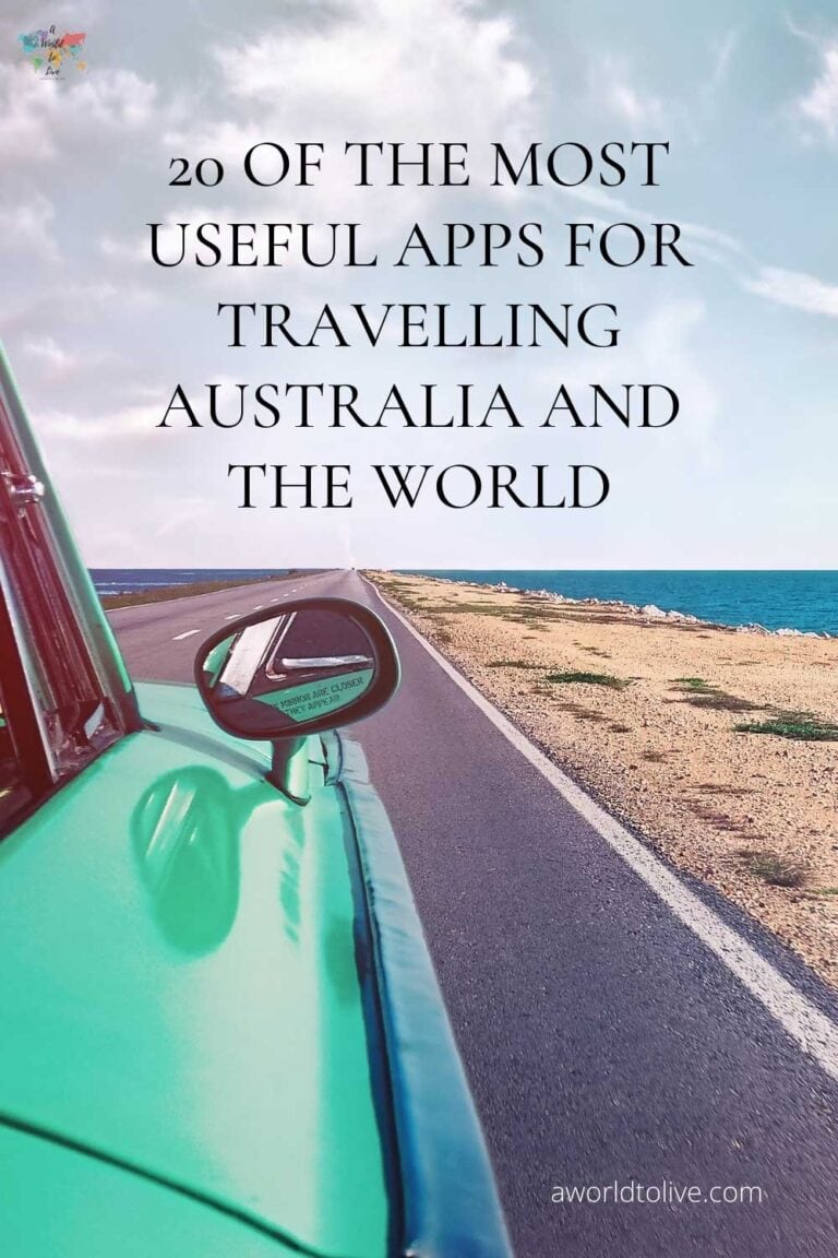 a green car driving now an empty coast road. text over image is the title of this blog; 20 Of The Most Useful Apps For Travelling Australia and The World