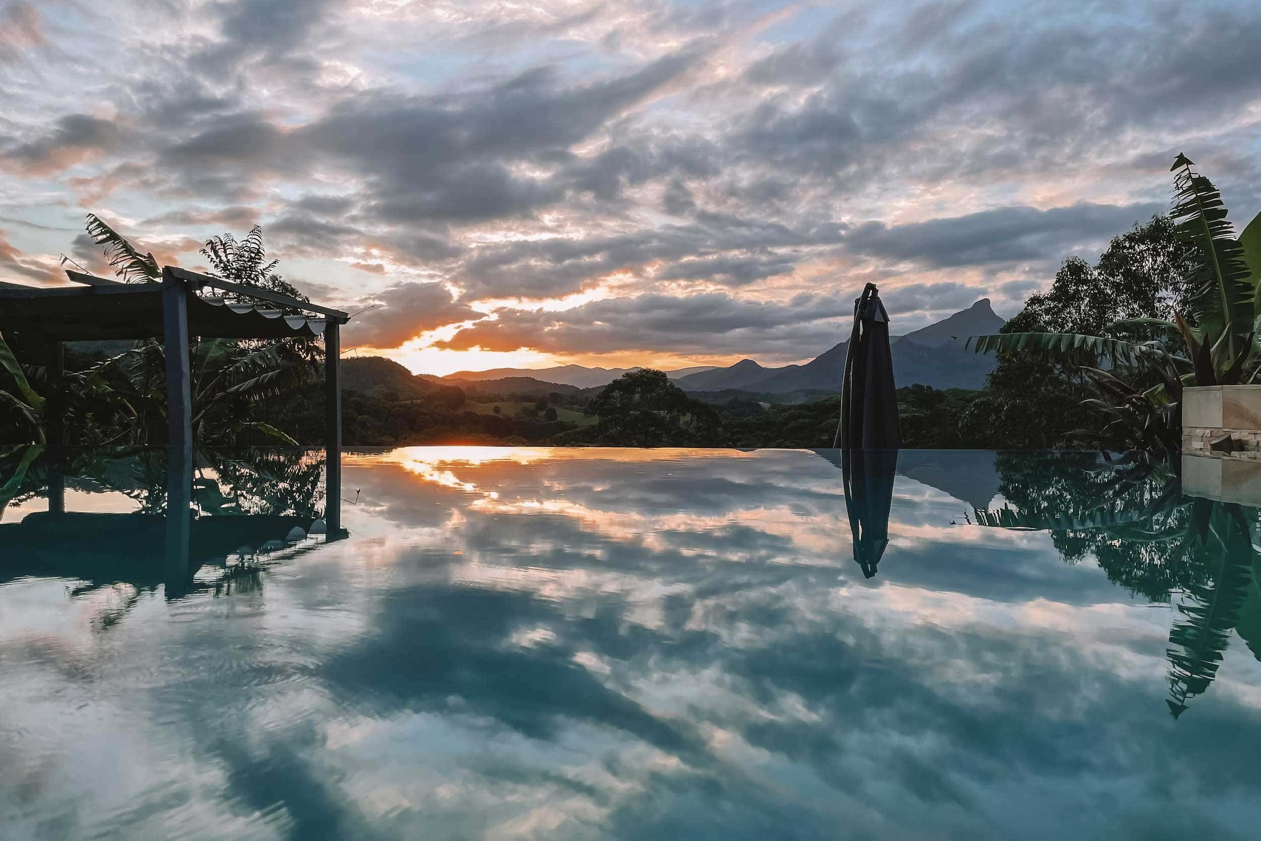 La Rocher Eco Retreat in NSW, watching the sunset over the swimming pool