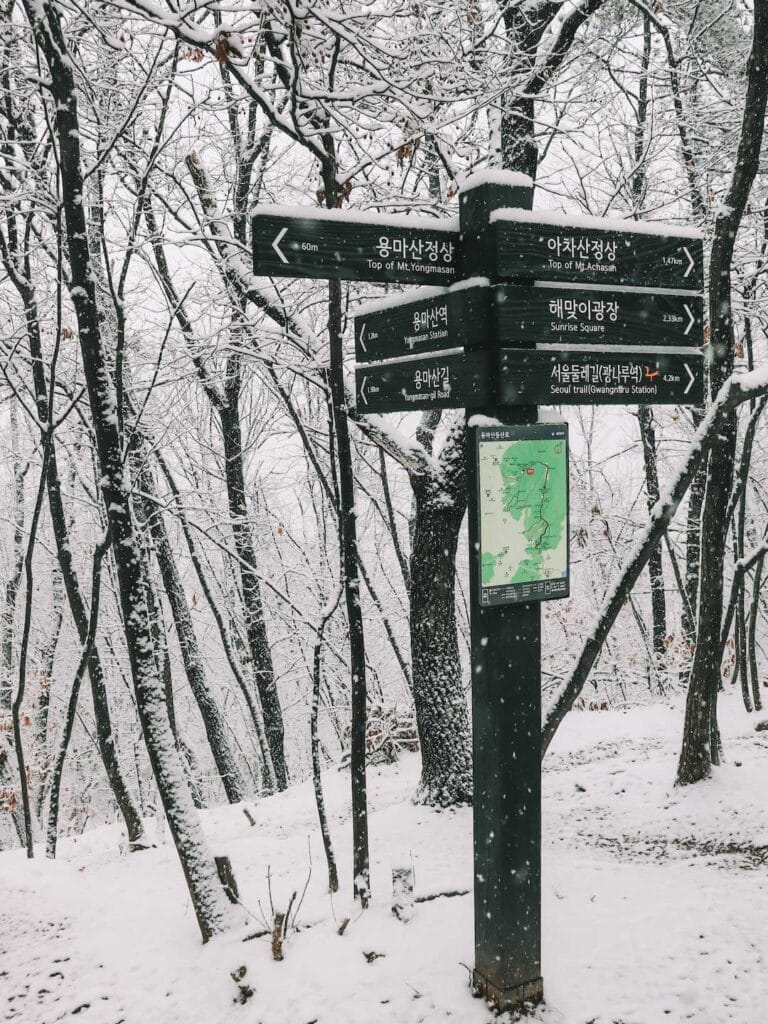 Sign post and map of hiking travel in snow. Taken in Seoul, South Korea. Packing and recording navigation is important for a day hike