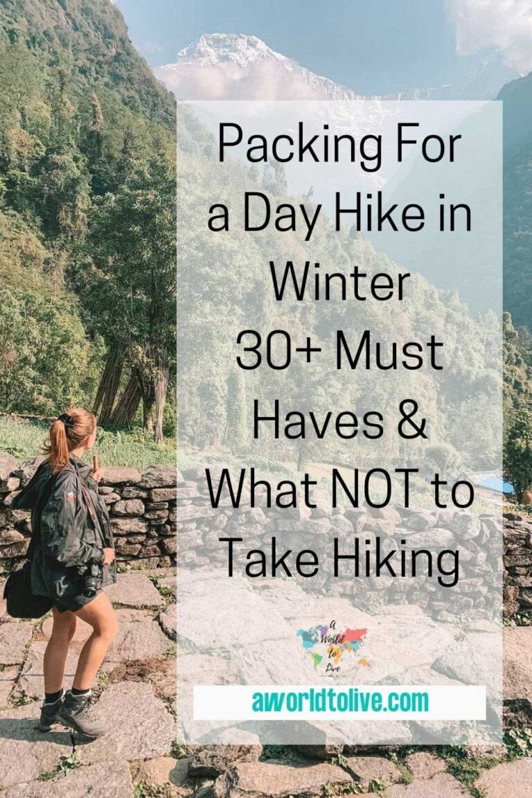 Image for Pinterest with article title, Packing for a day hike in winter. The image behind the text is elyse hiking in Nepal