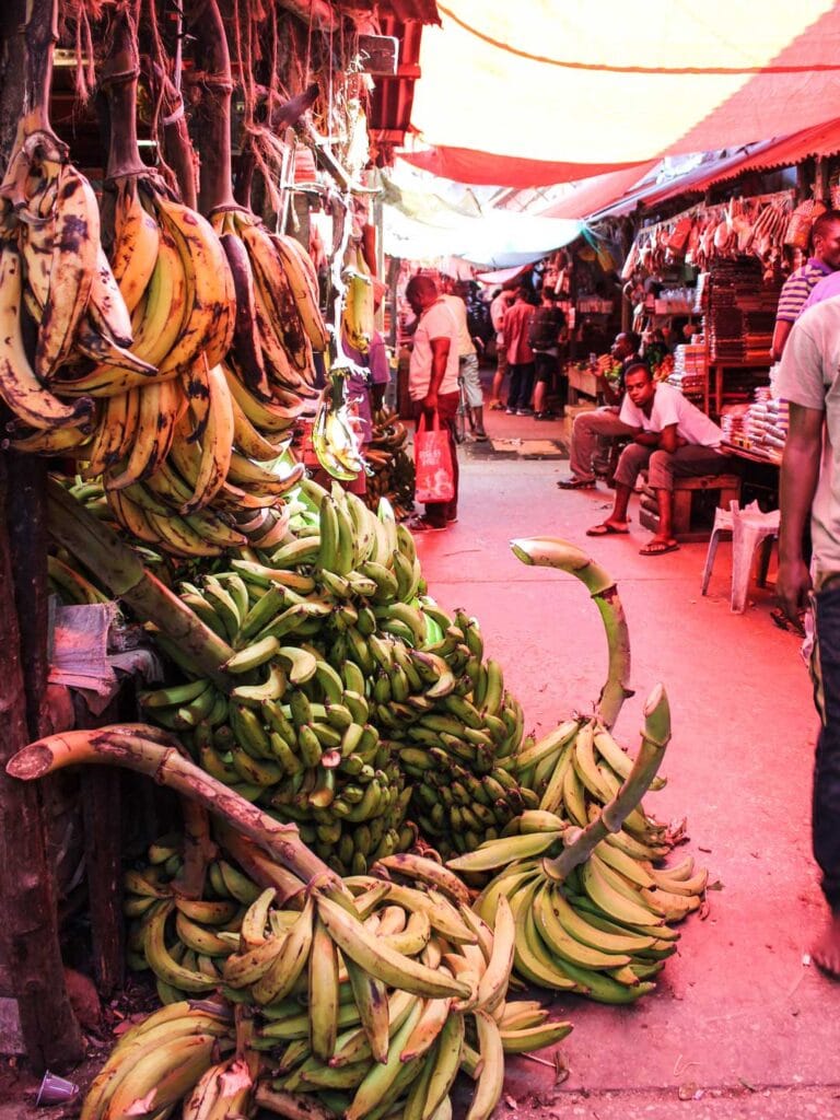 Local market in Zanzibar, selling green and yellow bananas.