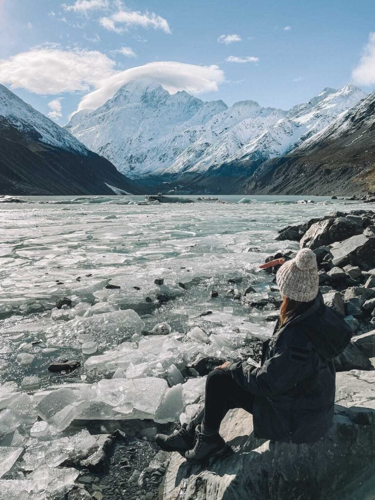 An icy lake leading to a snow covered Mt Cook in New Zealand