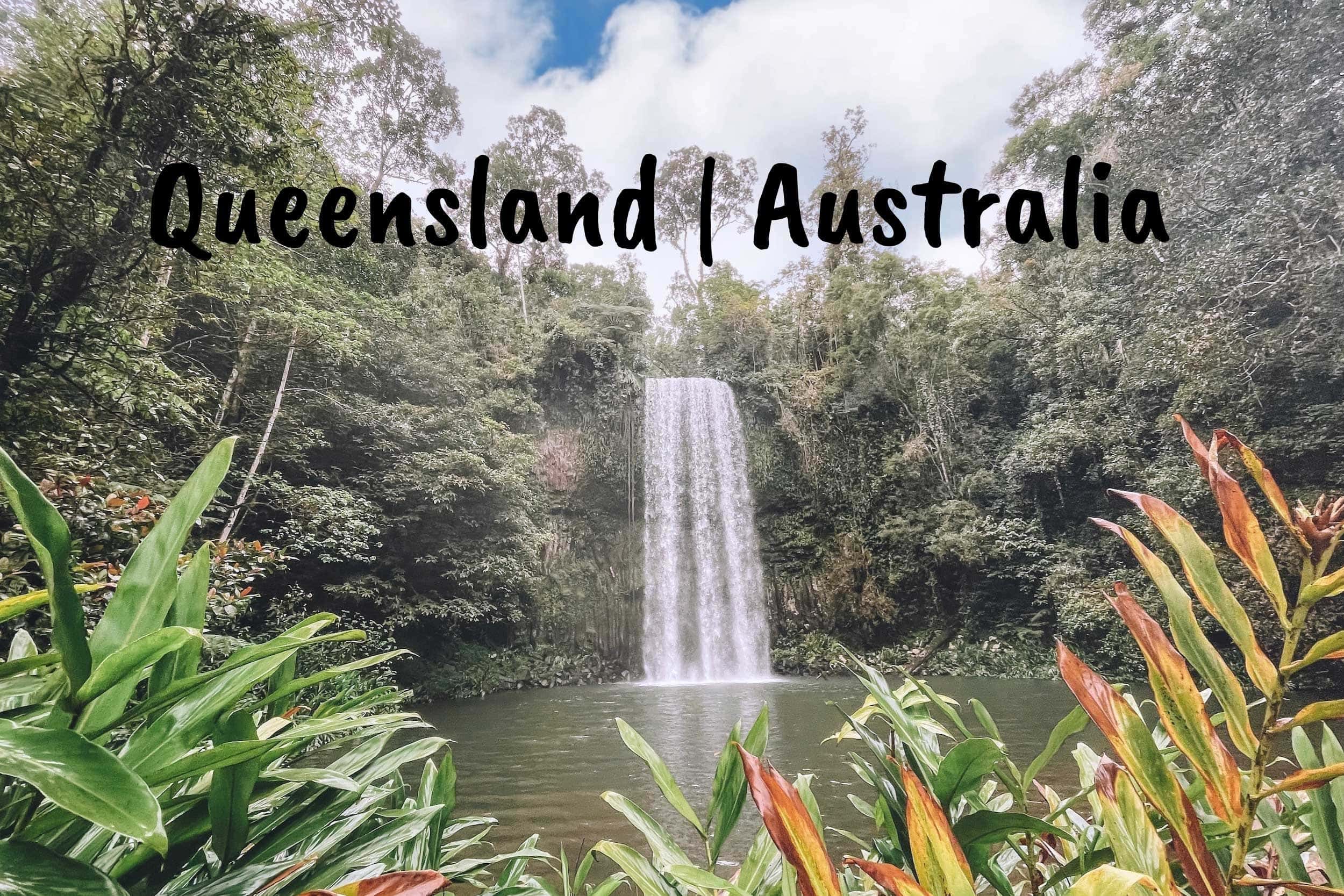 A flowing waterfall surrounded by lush jungle / Places to visit in queensland
