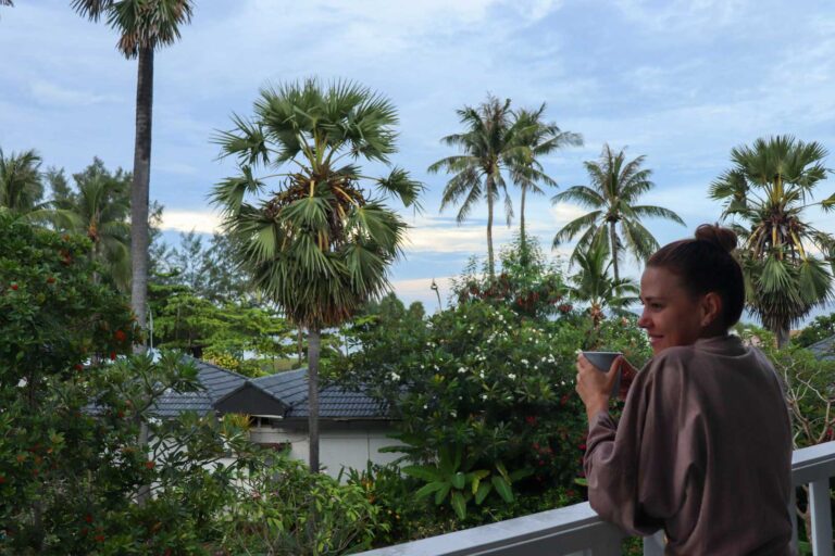 Elyse on the balcony at Thavorn Palm Beach Resort, beachfront accommodation in Karon
