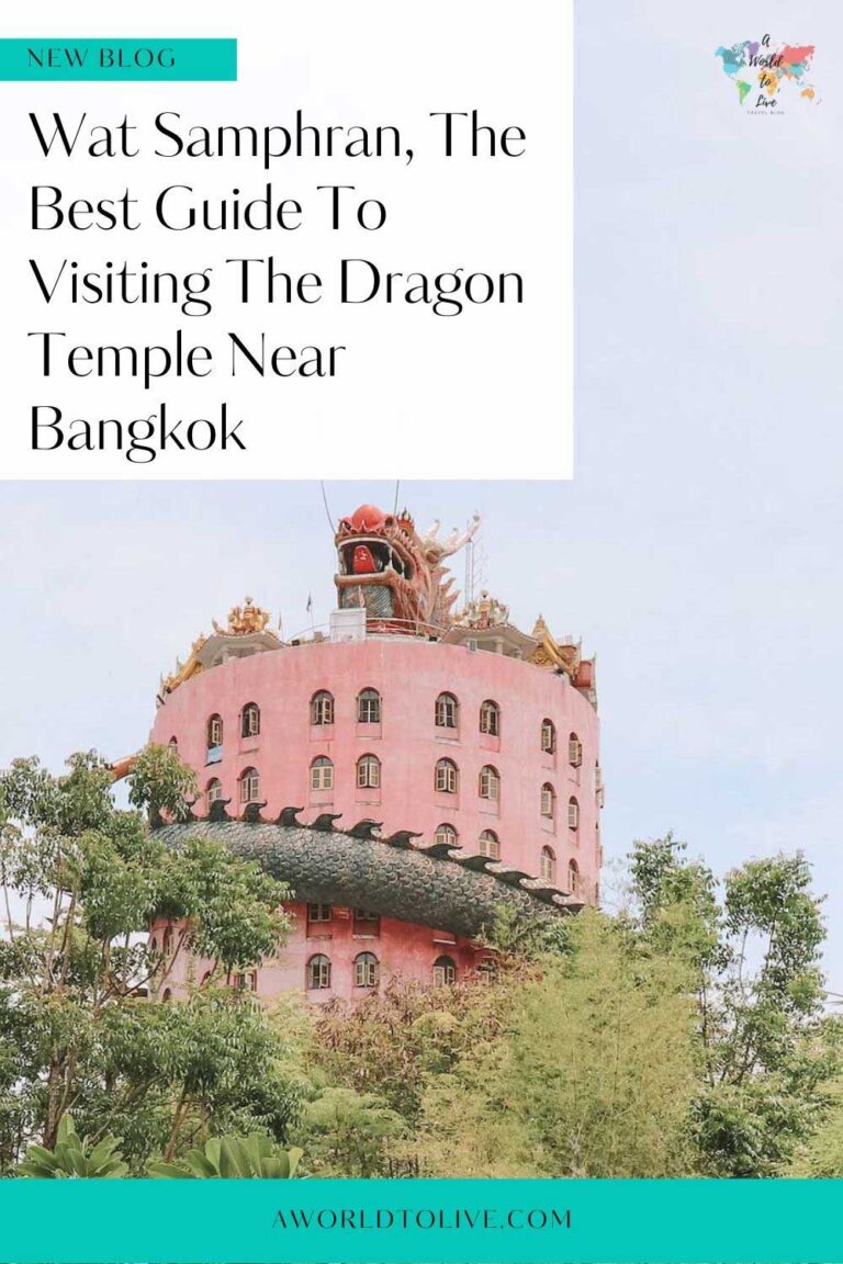 Travel guide to visiting Wat Samphran near Bangkok. Image for Pinterest