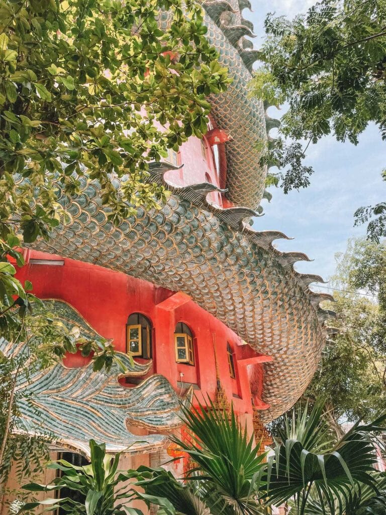 Wat Samphran temple in Bangkok, this 17 story building has a dragon wrapped around it