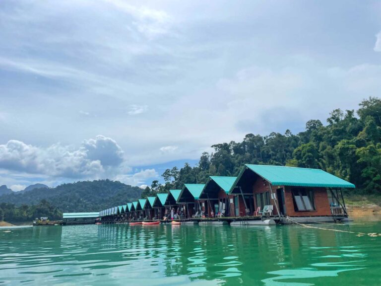 a row of floating bungalows on Cheow Lan Lake. Accommodation for Khao Sok 2 day 1 night tour