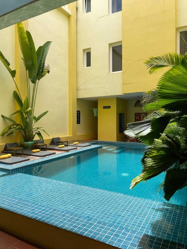 The pool are at hotel old cinema in Kampot city, a $6 day pass is ideal for your Kampot itinerary
