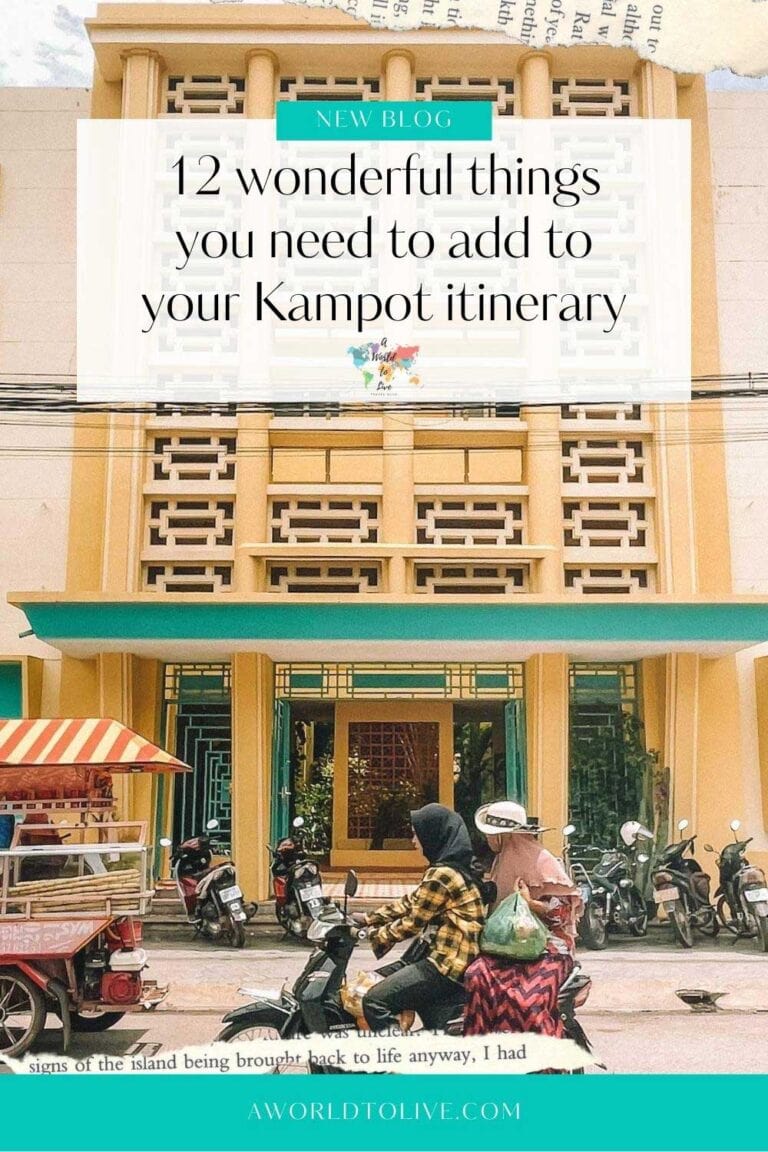 title to a new blog post on Kampot in Cambodia. The image behind the text is of the Hotel Old Cinema. This graphic will be used for Pinterest