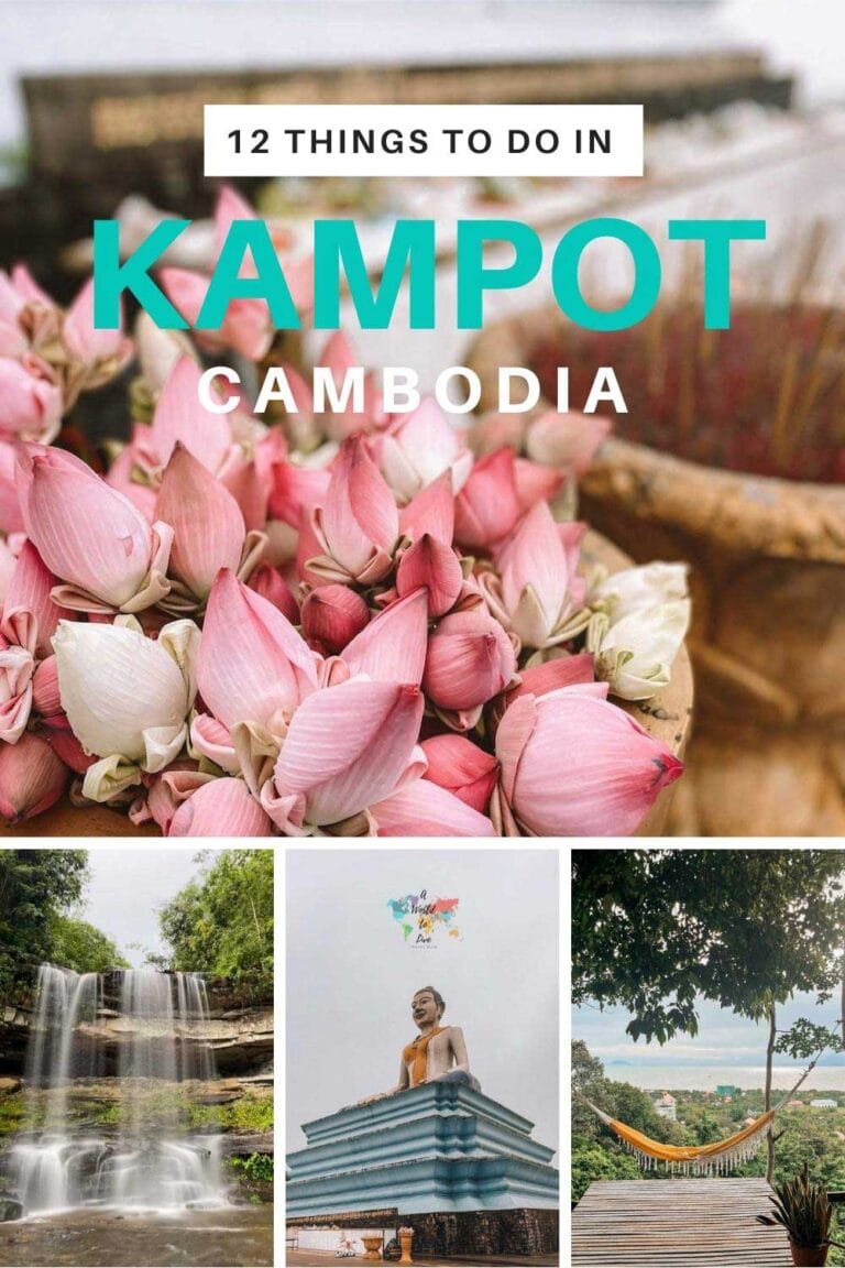 Infographic for a new blog post on 12 things to add to your Kampot itinerary. Behind the text is for different images taken in Kampot