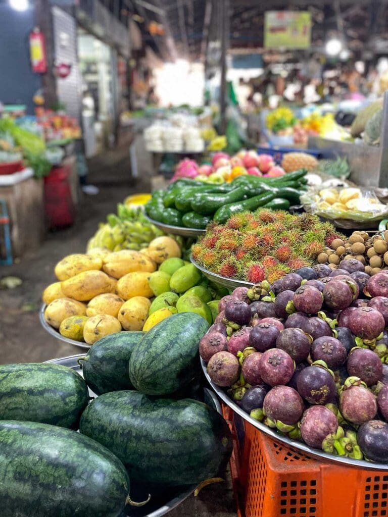 local tropical fruits being displayed at the Market in Siem Reap
