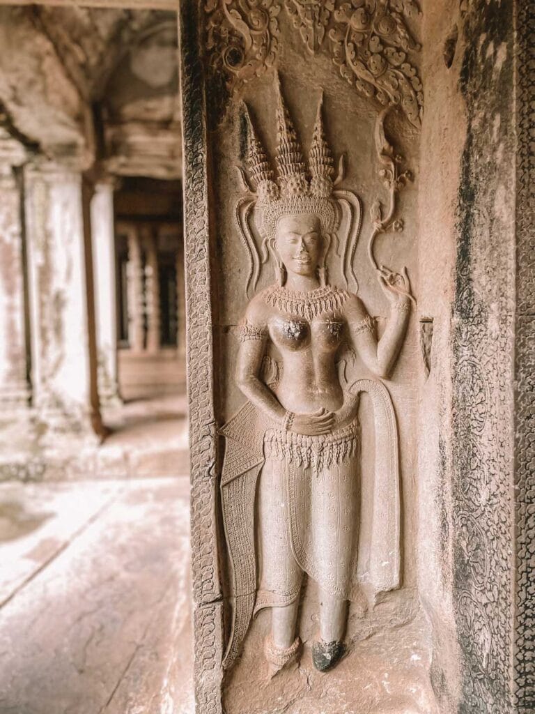 A close up image of the unique wall carvings in Angkor Wat temples