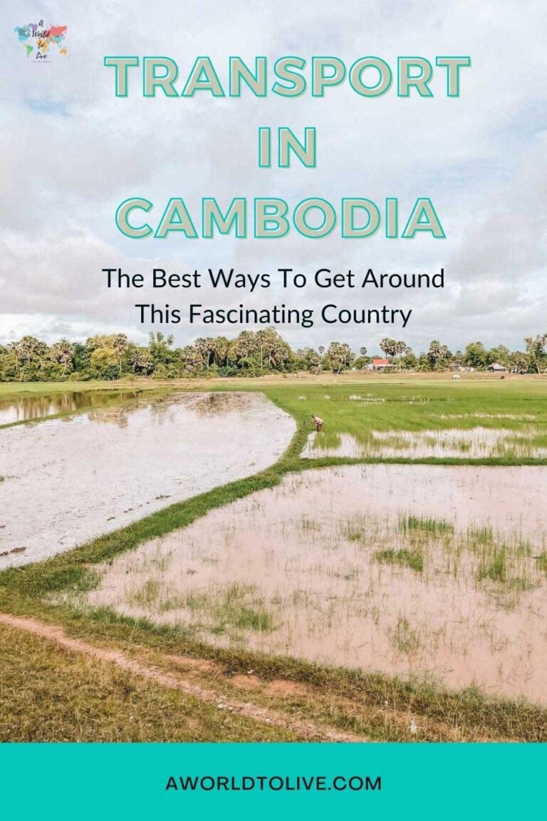 an image of the Cambodian countryside, and the title of this blog post for Pinterest. Transportation in Cambodia