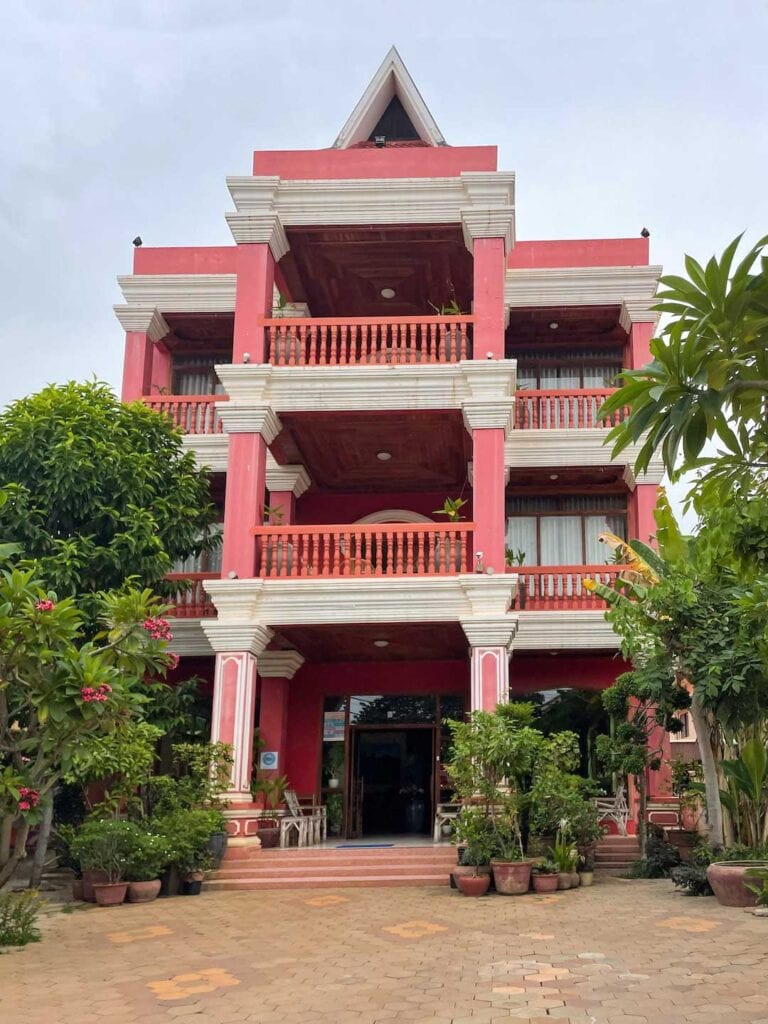 The side walk hotel in Siem Reap, the three store building is painted bright pink
