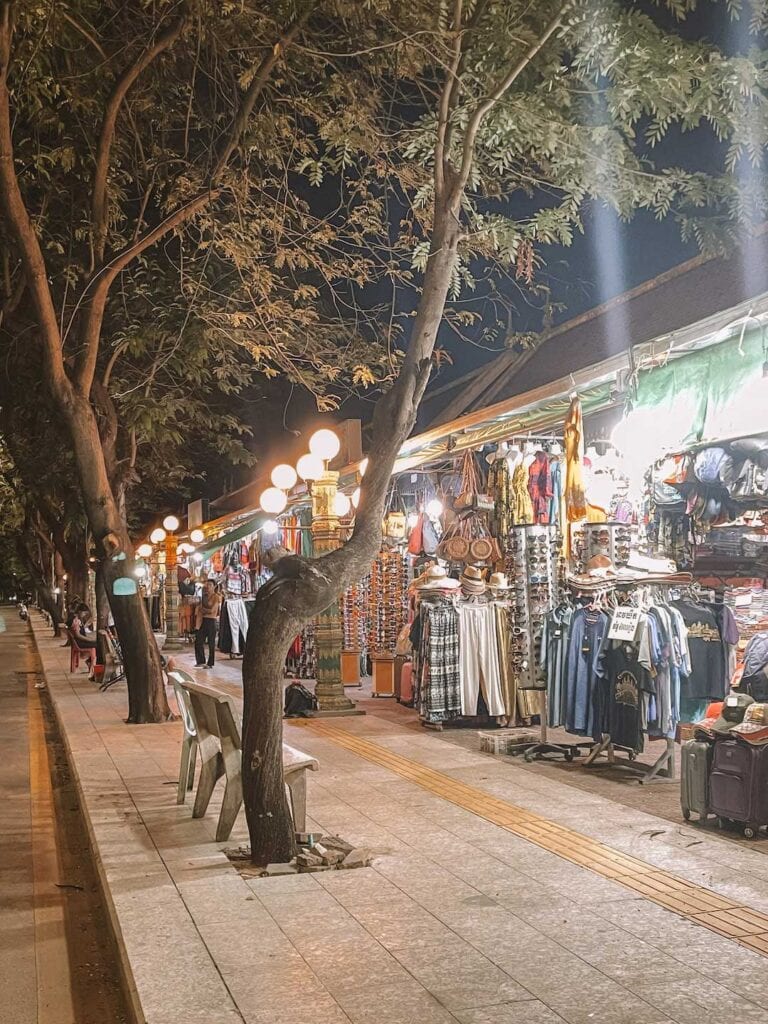 The out side of a night market selling souvenirs and clothing. One of the things to do in Siem reap besides temples