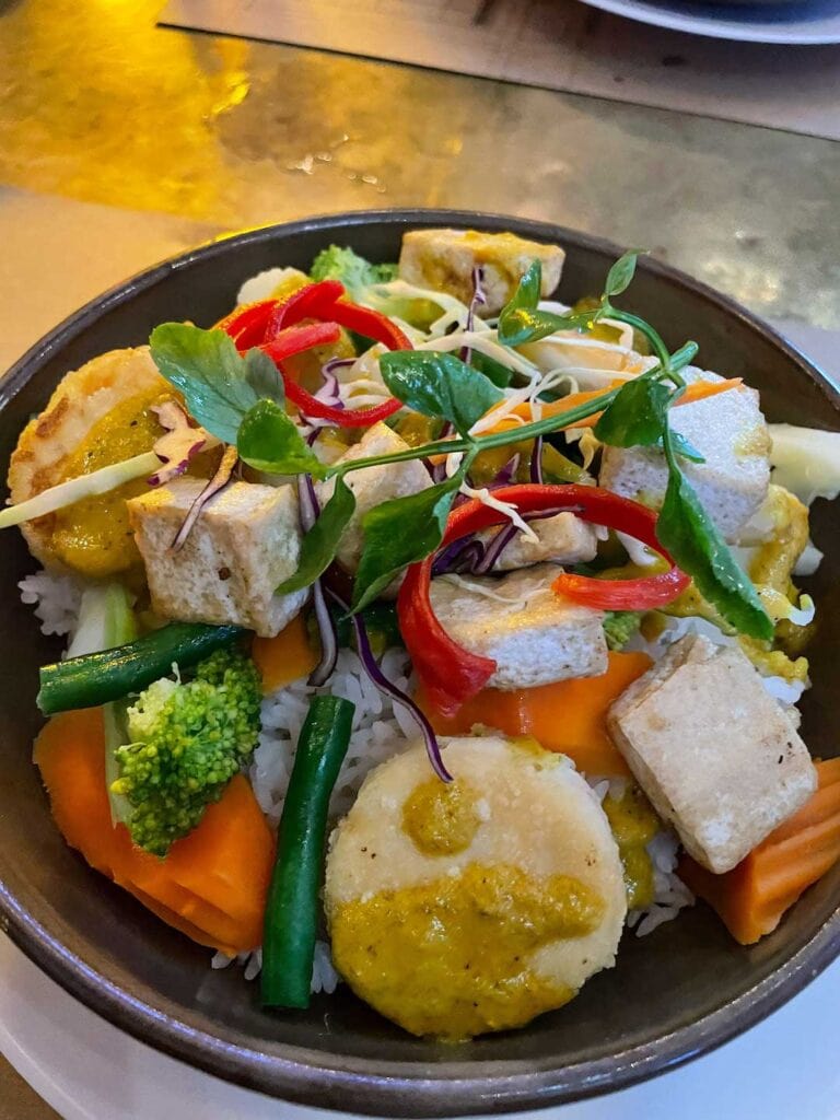 Showing a vegan tofu meal served at a restaurant call Paper Tiger on Pub Street