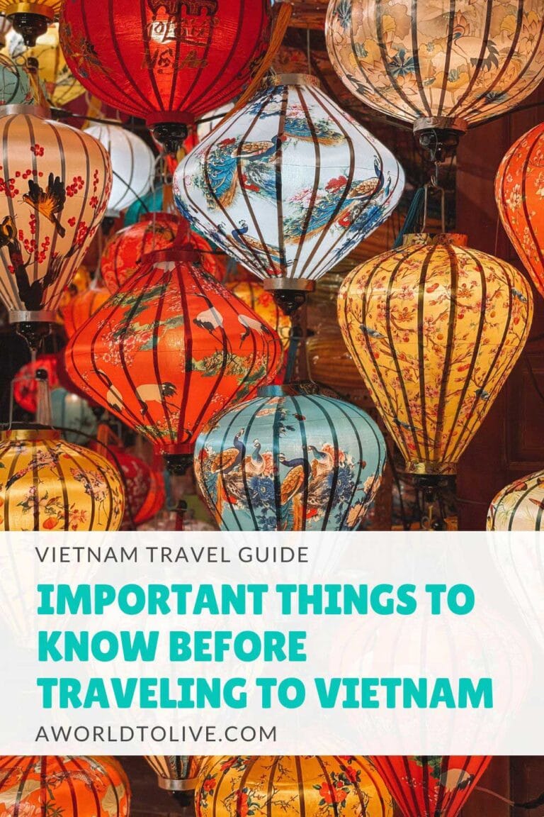 Colorful Vietnamese lantern's and text over the image advertising is Vietnam travel guide