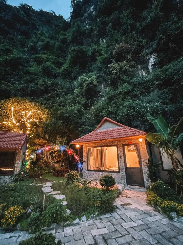 Our room at Peaceful homestay in Trang An, Northern Vietname. The small room is surrounded by cliffs and thick jungle