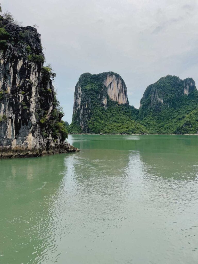 A beautiful view from the ship on Halong Bay, the sky is very cloudy