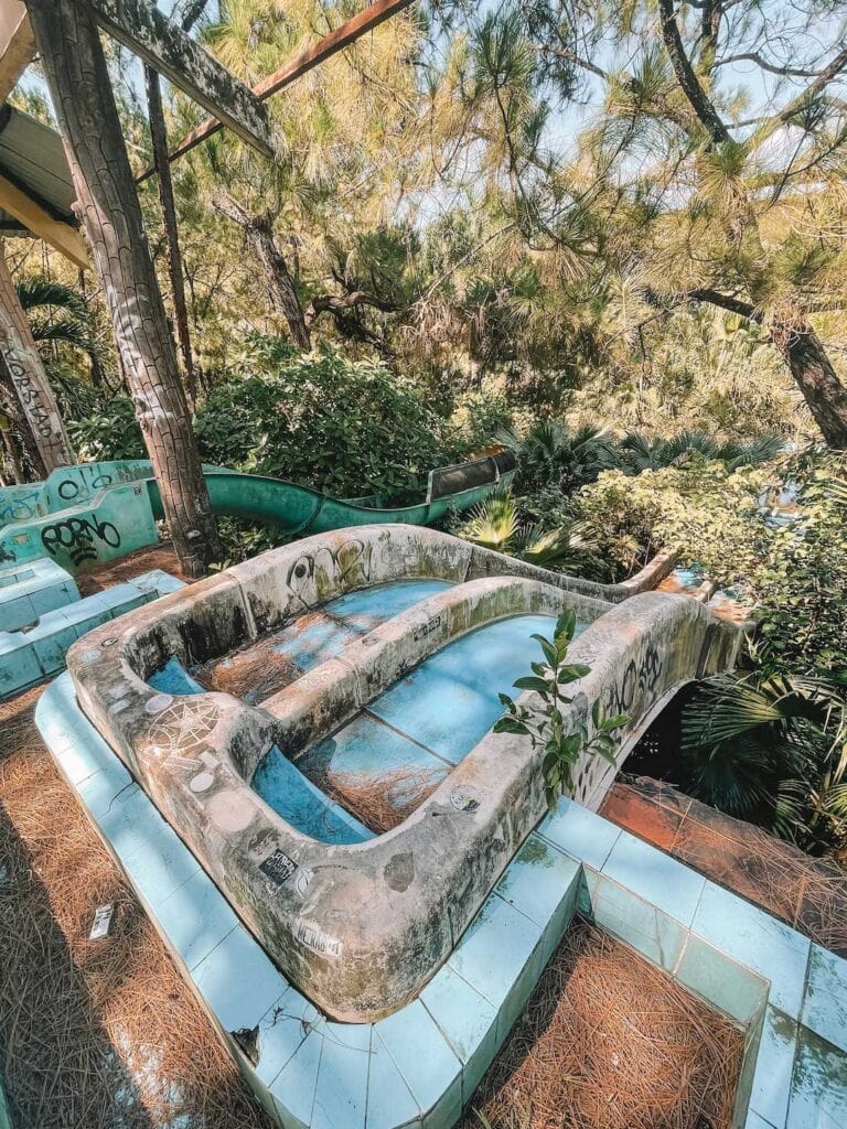 the top of water slides at Thuy Tien Lake Abandoned Water Park