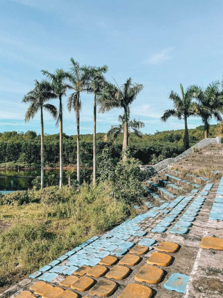 the stadium at the abandoned water park where the grass and weeds are all overgrown